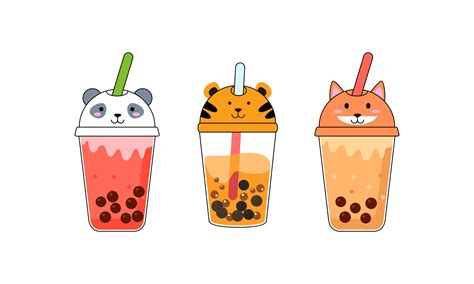 Set kawaii bubble tea with animal faces vector 14392437 Vector Art at ...