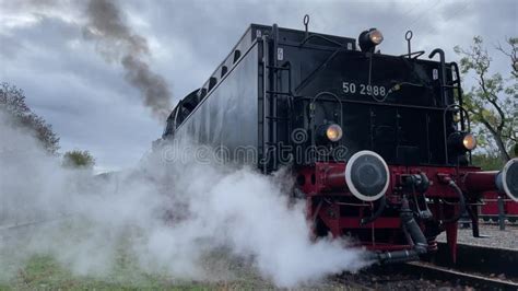 Operating German Steam Locomotive On Railway Retro Steam Train With