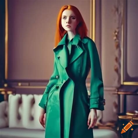 Stylish Redhead Woman In A Green Trench Coat