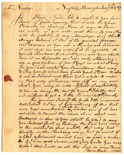 John Smith Letter To John Norton Dated January 8 1767 Colonial