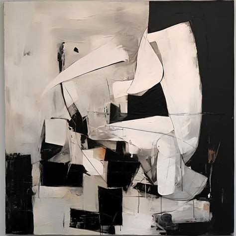 A Painting That Is White And Black With Black Abstract Shapes, In The Style Of Industrial Angles ...