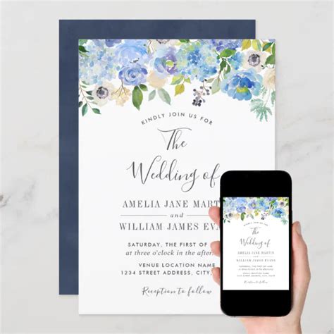 Elegant Navy Blue Floral Wedding Invitation Zazzle