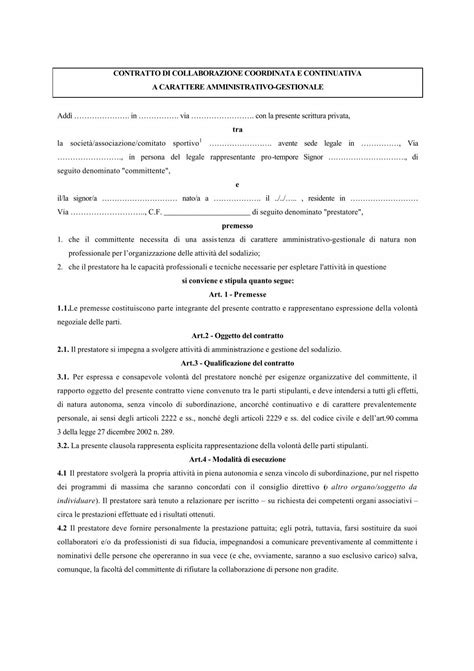 Contratto Di Collaborazione Coordinata E Continuativa A Carattere