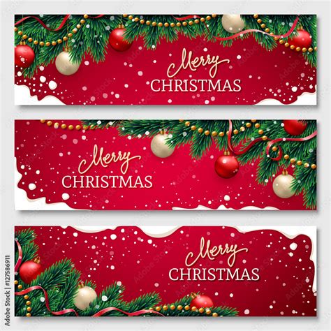 Christmas banners set with fir branches decorated with ribbons, red and ...