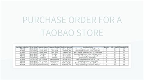 Purchase Order For A Taobao Store Excel Template And Google Sheets File