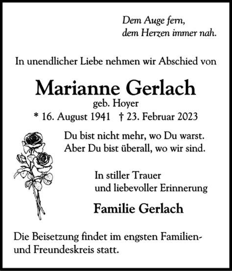 Traueranzeigen Von Marianne Gerlach Sh Z Trauer