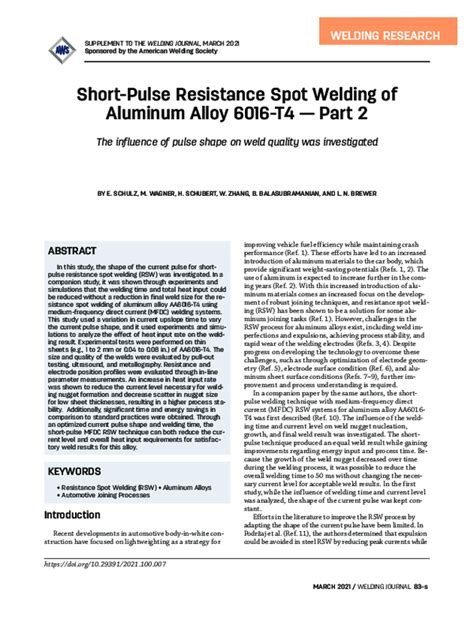 Pdf Short Pulse Resistance Spot Welding Of Aluminum Alloy 6016 T4 Part 1 Eric Schulz