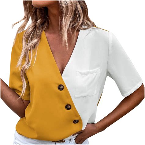 Lovskoo Summer Tops For Women Short Sleeve Solid Color Sexy Splicing Button Casual Blouse Tops