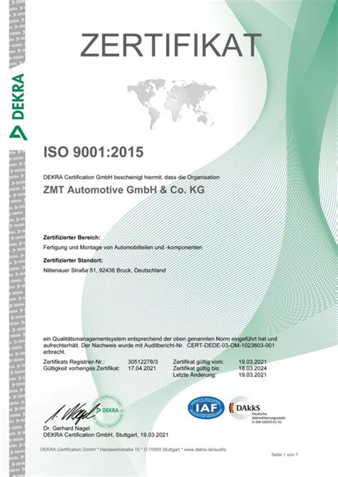 ISO 9001 2015 ZMT Automotive GmbH Co KG In Bruck I D OPf