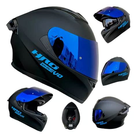 Casco Moto Negro Mica Azul Hro Deportivo Aleron Certificado Env O Gratis