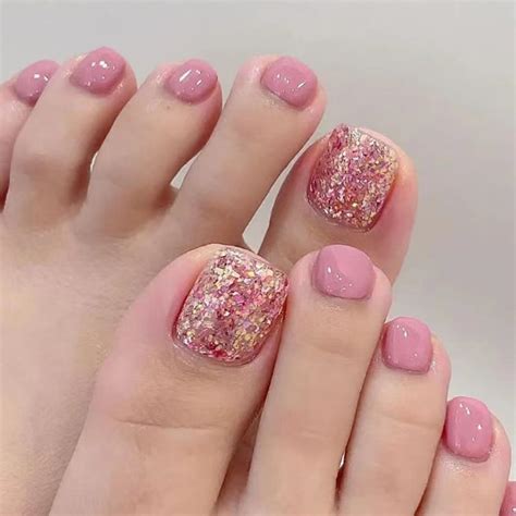 Pink Press On Toenails Short Square Fake Toenails Pink Glitters Glossy Full Cover