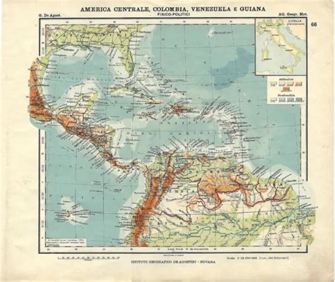 CARTA GEOGRAFICA ANTICA AMERICA CENTRALE E MERIDIONALE 1914 Old Antique