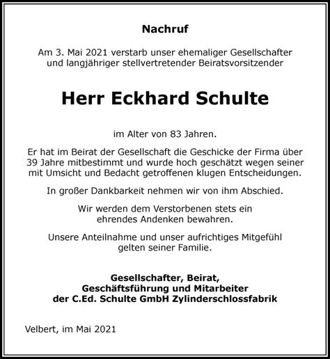 Traueranzeigen Von Eckhard Schulte Trauer In Nrw De