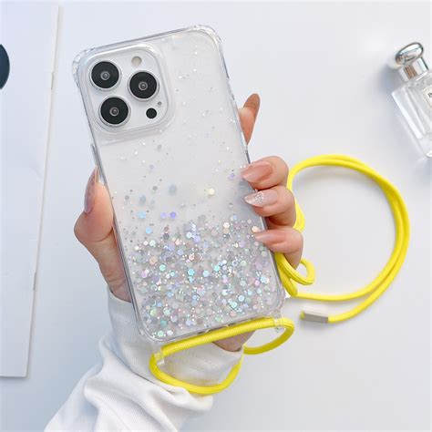 Lanyard Glitter Epoxy Clear Phone Case For iPhone 14 Pro (Yellow