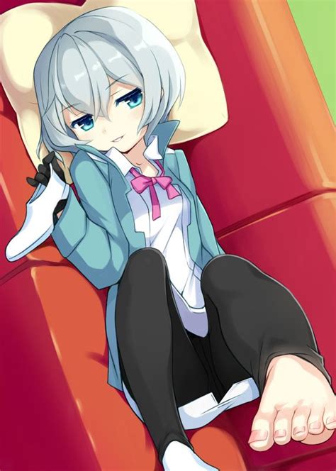 Safebooru 1girl Black Gloves Black Legwear Blue Eyes Blush Couch Feet Footwear Removed Gloves