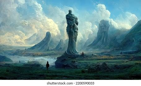 Fantasy Landscape Giant Statue Digital Illustration Stock Illustration ...