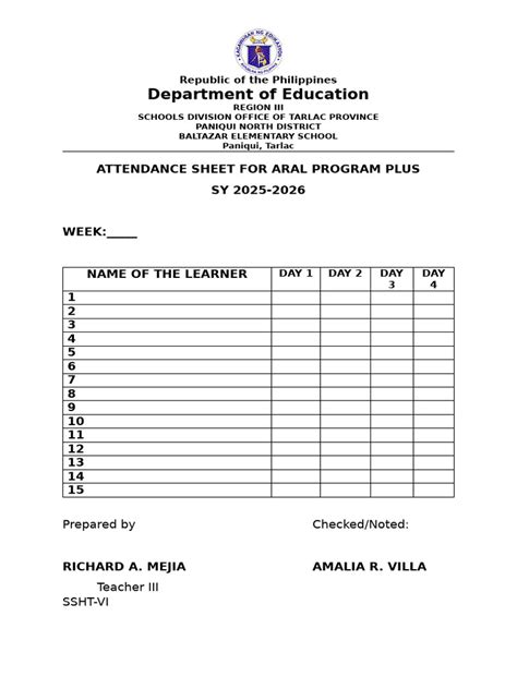 aral program attendance sheet
