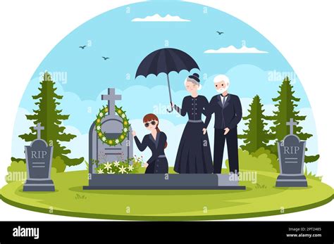 Funeral Ceremony In Grave Of Sad People In Black Clothes Standing And