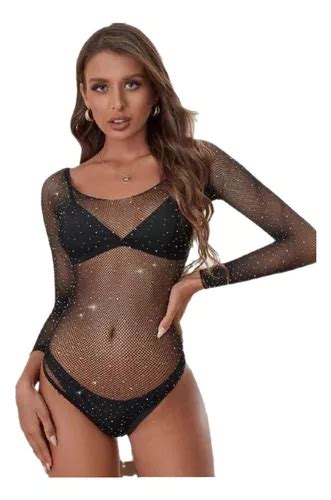 Body Arrast O Strass Manga Longa Lingerie Sexy Brilhante Mercadolivre