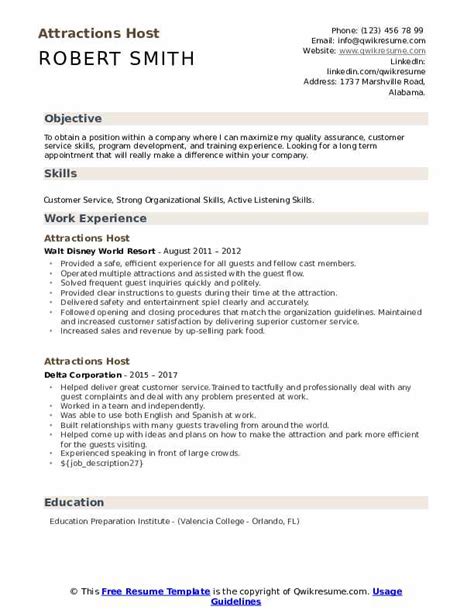 Attractions Host Resume Samples Templates For