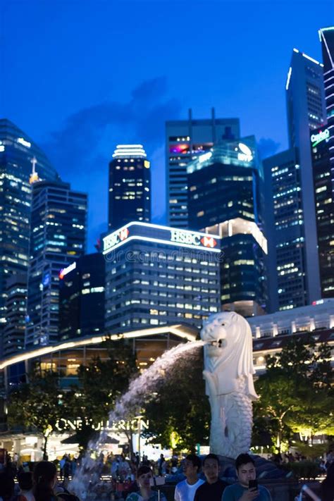 Night Photo of Merlion Monument at Merlion Park with Cityscape P ...