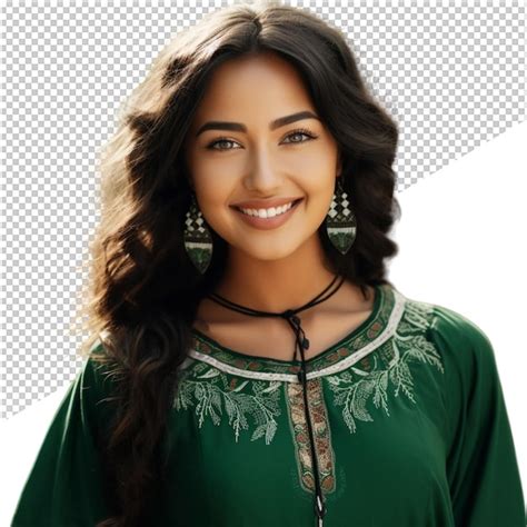 Premium Psd A Woman With Long Hair And A Green Top With A Design On It