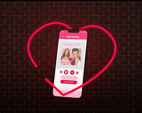 premium psd dating app  smartphone  neon  brick background