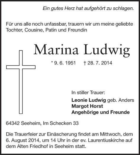 Traueranzeigen Von Marina Ludwig Vrm Trauer De