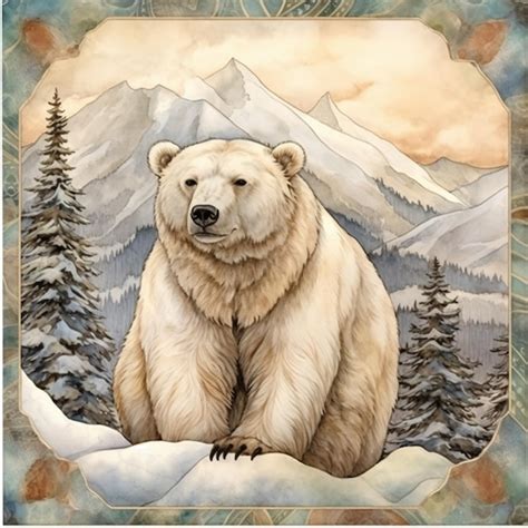 Pintura De Un Oso Polar Sentado En Una Colina Nevada Con Rboles Ai