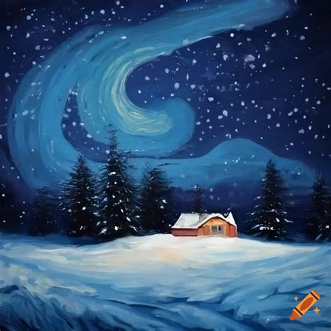 Painting Of Farmhouse On A Starry Winter Night