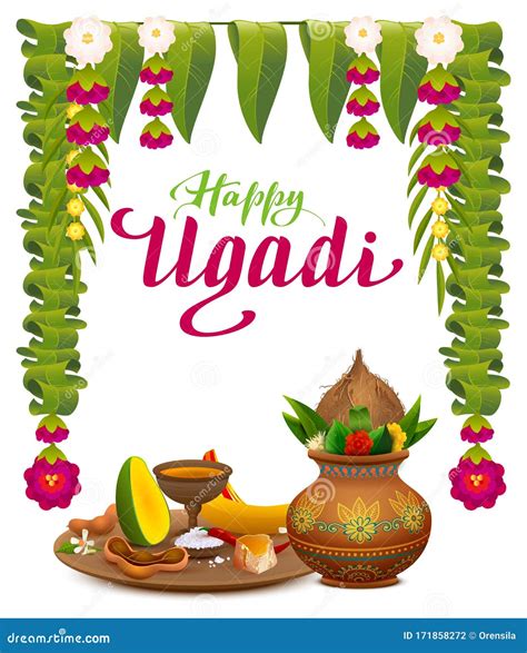 Happy Ugadi Indian New Year Text Lettering Greeting Card Traditional