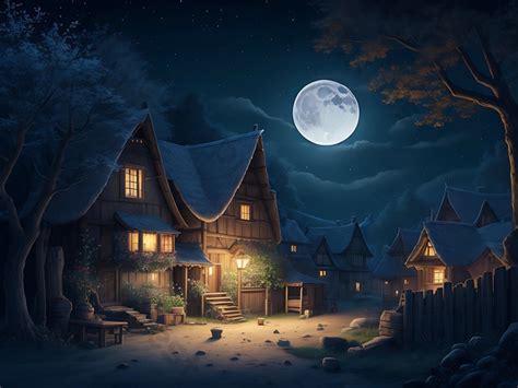 A Moon Night Village View Illustration Backgrounds | JPG Free Download ...