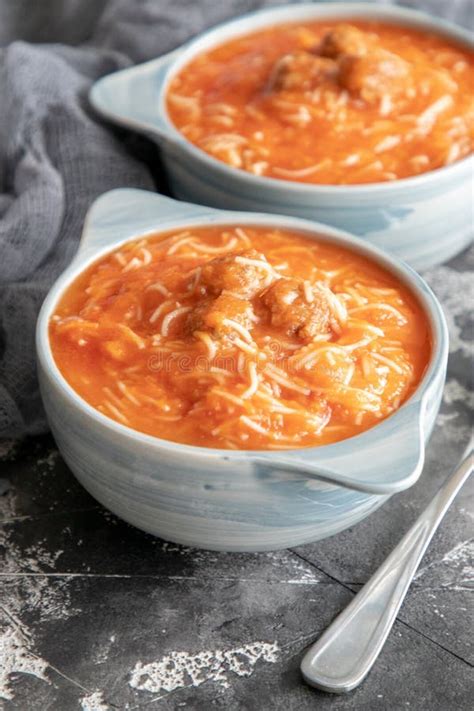 Tomato Soup with Noodles and Meatballs Stock Photo - Image of foodie ...