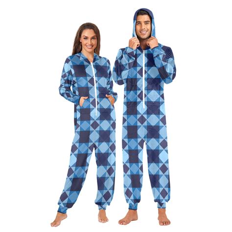 ALAZA Unisex Adults Onesie Pajamas Blue Checkered Grid Pattern