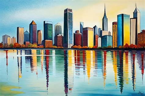 A Painting Of A City Skyline With The Water Reflecting The City Skyline