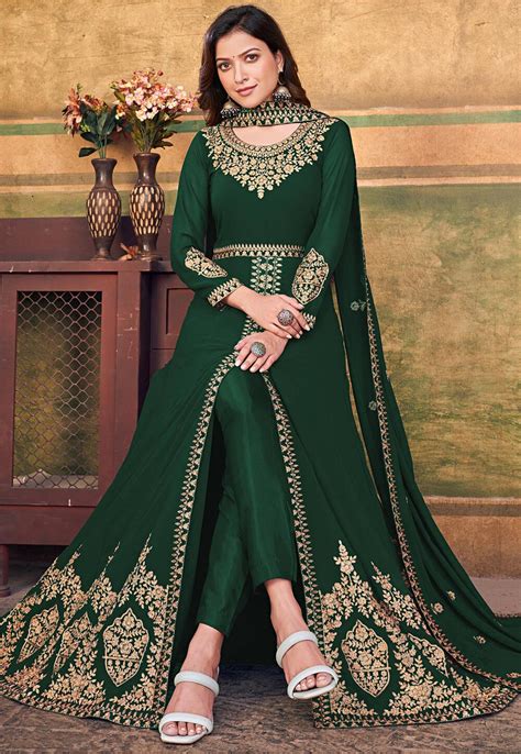 Buy Embroidered Georgette Front Slit Abaya Style Suit In Dark Green