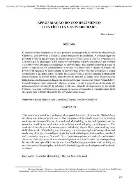 Apropriação Do Conhecimento Científico Na Universidade Pdf Science