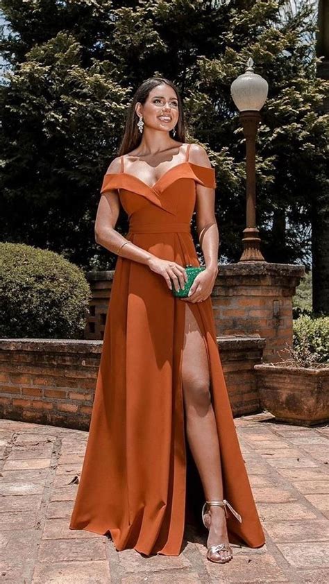 Off The Shoulder Burnt Orange Evening Dress Spaghetti Straps Split