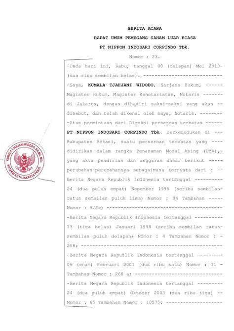 Pdf Berita Acara Rapat Umum Pemegang Saham Luar Biasa Berita