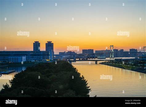 Tokyo Odaiba skyline and sunset. Shooting Location: Tokyo metropolitan ...