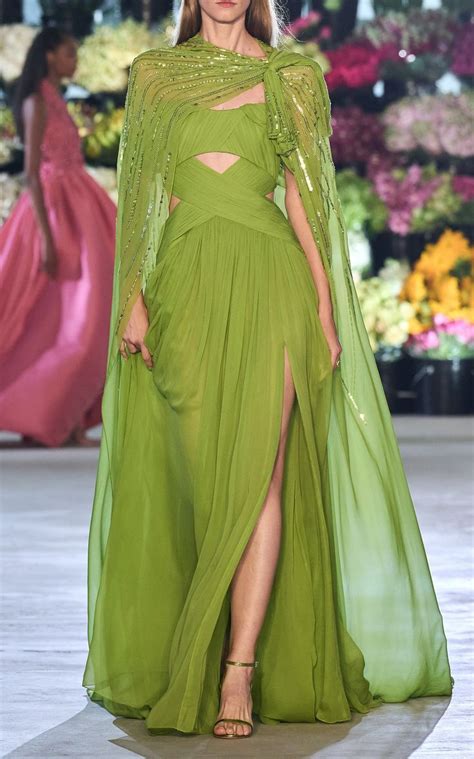 Pleated Silk Chiffon Off The Shoulder Gown By Pamella Roland Moda