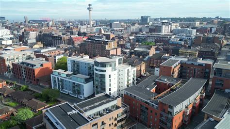 Aerial View of Historical and Modern British City Centre of Liverpool