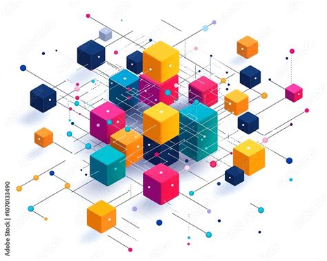 isometric network design  colorful blocks  connecting dots