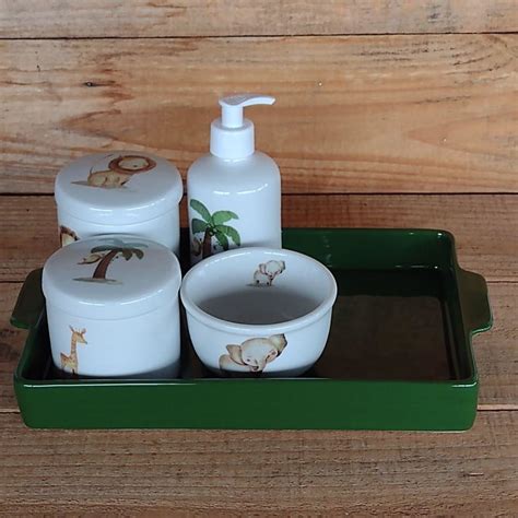 KIT HIGIENE PORCELANA SAFARI BANDEJA RETANGULAR LOUÇA VERDE