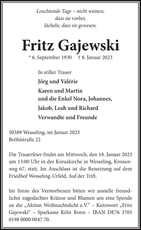 Traueranzeigen Von Fritz Gajewski WirTrauern