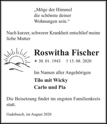 Traueranzeigen Von Roswitha Fischer Trauer Nordkurier