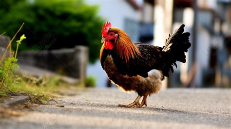 Cautivadora Imagen De Un Majestuoso Gallo Paseando Por La Calle