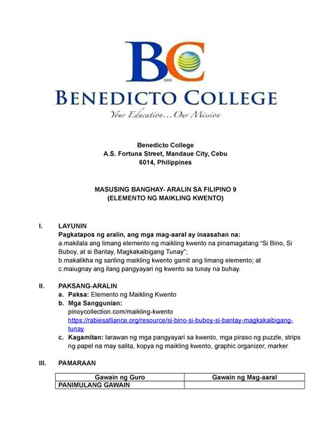 Filipino 9 Maikling Kwento Detailed Lesson Plan For Demo Benedicto College A Fortuna Street