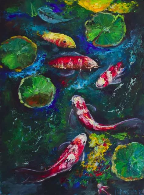 ORIGINAL OIL PAINTING Red Koi Fish Impressionism Collectible Signed