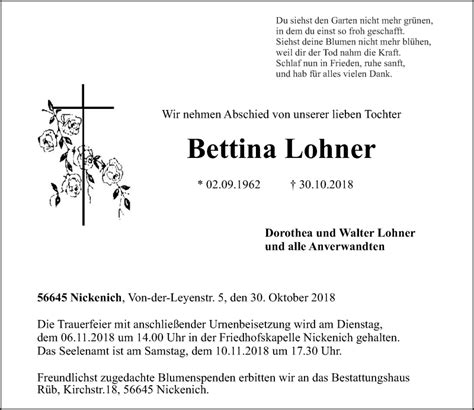 Traueranzeigen Von Bettina Lohner Rz Trauer De